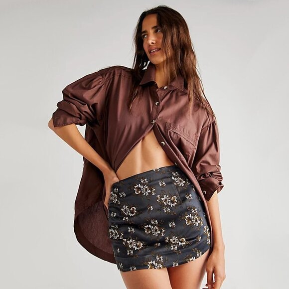 NWT Free People black jacquard floral print satin-like mini skirt, 8 - Picture 1 of 16